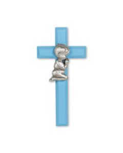 7" Blue Wood Cross with Genuine Pewter Praying Boy Figure