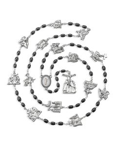 Black Glass Via Crucis Bead Rosary with 14 Stations of the Cross in Grey Velvet Box 