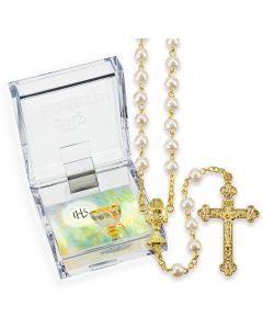 White Pearl Bead Communion Rosary, Boxed