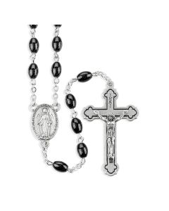 Polished Oval Black Glass Bead Rosary