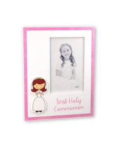 7" x 9" First Communion Photo Frame with Girl Applique and Pink Glitter Edges.