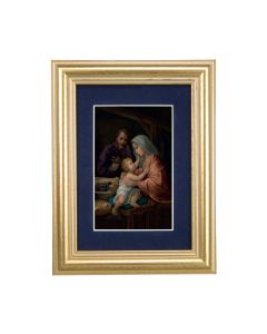5 1/4" x 6 3/4" Gold Leaf Frame-Navy Blue Matte with a 2 1/2" x 3 3/4" Holy Family Print