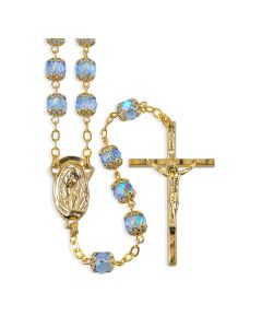 Sapphire Glass Bead Gold Tone Rosary