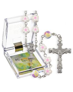 8mm White Floral Shaped Bead Rosary, Boxed-P65