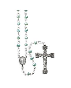 4mm Genuine Light Blue Freshwater Pearl Bead Rosary in a Grey Velvet Box