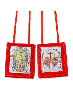 1 3/4" X 2" Crucifixion and Sacred Hearts Genuine Red Wool Scapular.