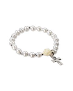 5mm White Pearl Bracelet with an off White Our Father Bead and a Communion Cross-P65
