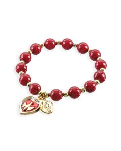 Red Glass Bead Stretch Bracelet with Epoxied Heart with Holy Spirit Gold Finish Charms