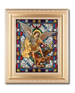 10 1/4" x 12 1/4" Satin Gold Frame with an 8" X 10" Saint Michael Liturgical Glass Art