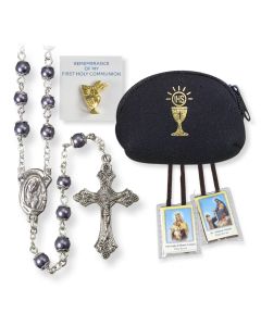 5mm Black Boxwood Rosary Boys First Communion Set