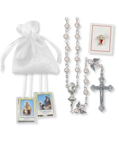 6mm Pink Imitation Pearl Bead Rosary with Angel Our Father Beads First Communion Set