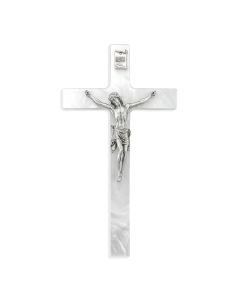 7" Pearlized White Cross with Genuine Fine Pewter Corpus