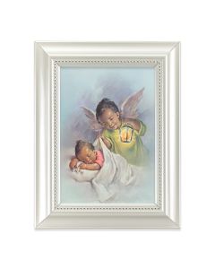 5 1/2 X 7" Pearlized White Frame with a Guardian Angel with Lantern Print