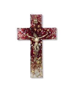 7" Gold and Silver Speckled Red Tone Glass Cross with Museum Gold Tone Corpus-P65