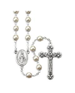 White Pearl Capped Bead Rosary, Boxed