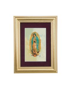 5 1/4" x 6 3/4" Gold Leaf Frame-Burgundy Matte with a 2 1/2" x 3 3/4" Our Lady of Guadalupe Print