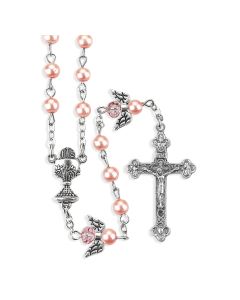 6mm Imitation Pink Pearl Glass Bead Communion Rosary with Angel Our Father Beads