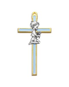 4" Gold Tone Blue Epoxied Cross with Praying Boy Figure