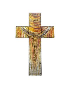 10" Stained Glass Earth Tones Sunset Cross with Museum Gold Tone Corpus-P65