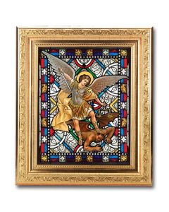 8 1/4" x 10 1/4" Gold Ornate Frame with a 6" x 8" Saint Michael Textured Glass Artwork