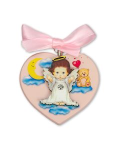 Pink Heart Wood Plaque with Angel, Moon and Bear