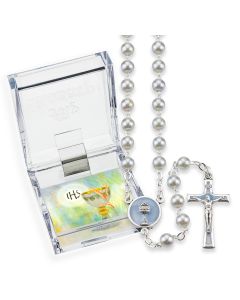 5mm Blue Pearlized Glass Bead First Communion Rosary, Boxed