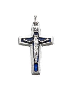 2 1/8" Silver Oxidized Christ Risen Crucifix with Blue Epoxied Inlay
