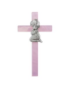 Pink 7" Pearlized Cross with Genuine Pewter Praying Girl Figure. Boxed.