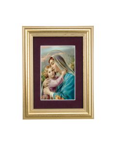 5 1/4" x 6 3/4" Gold Leaf Frame-Burgundy Matte with a 2 1/2" x 3 3/4" Madonna and Child Print