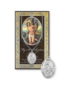 Saint Sebastian Genuine Pewter Medal on a 24" Chain with Biography and Picture Folder
