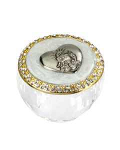 Round Glass Communion Keepsake Box with Heart Shaped Chalice Medal and Crystal Stones on the Lid -P65