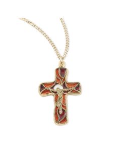 1 1/4" Gold Finished Crucifix with Red Epoxy on an 18" Gold Finished Chain, Boxed