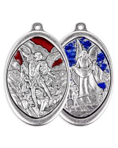 3 1/8" Antique Silver Oxidized Oval Sr. Michael Archangel Medal with Red Epoxy. Guardian Angel with Blue Epoxy on the Reverse Side.