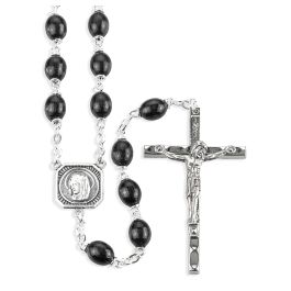 7x9mm Oval Black Boxwood Bead Rosary Lock-Link Construction Christ