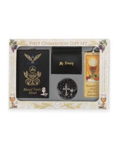 6pc Boys Black Blessed Trinity Missal with Silver Finish Chalice Communion Set -P65