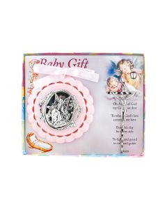 Pink Guardian Angel Crib Medal with Crucifix