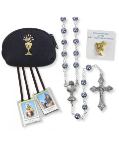 5mm Capped Hematite Imitation Pearl Rosary Boys Communion Set
