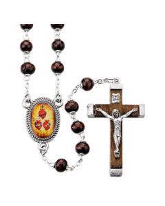 JMJ Three Harts Rosary in 6mm Round Carved Boxwood Maroon Beads with JMJ Hearts Centerpiece. 