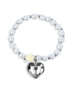 5mm White Pearl Bracelet with an off White Our Father Bead and a Chalice in a Heart Charm