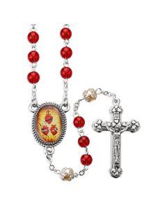 JMJ Three Hearts Rosary in 6mm Round Blass Ruby Beads with JMJ Hearts Centerpiece.