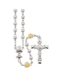 5mm First Communion White Pearl and Off White Rose Our Father Bead Rosary with Crucifix and Chalice Center. 19" in Acrylic Hinged Box 