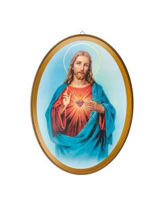 12 1/2" x17" Sacred Heart of Jesus Oval Wood Art Gold Leaf Highlights with Beveled Edging. 