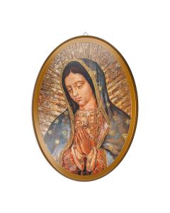 12 1/2" x17" Our Lady of Guadalupe Oval Wood Art Gold Leaf Highlights with Beveled Edging
