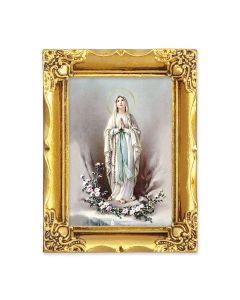 4 1/2" x 3 1/2" Antique Gold Frame with a 2 1/2" x 3 1/2" Our Lady of Lourdes Gold Stamped Print