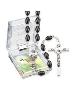 Black Plastic Oval Bead Communion Rosary, Boxed