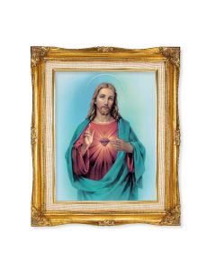 11"x14" Sacred Heart of Jesus Textured Art in a 15"x18" Ornate Antiqued Gold Frame with Inner Linen Border