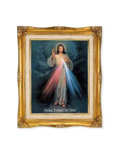 11"x14" Divine Mercy Textured Art in a  15"x18" Ornate Antiqued Gold Frame with Inner Linen Border 