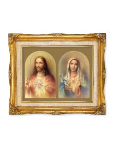 11"x14" The Sacred Hearts Textured Art in a 15"x18" Ornate Antiqued Gold Frame with Inner Linen Border