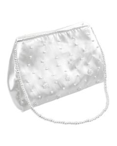 7 1/2" x 5" First Communion Satin Purse with White Pearlized Beaded Accents Handles and Snap Closure.