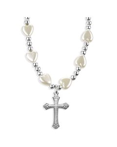 6mm White Heart Necklace with Beveled Cross Pendant